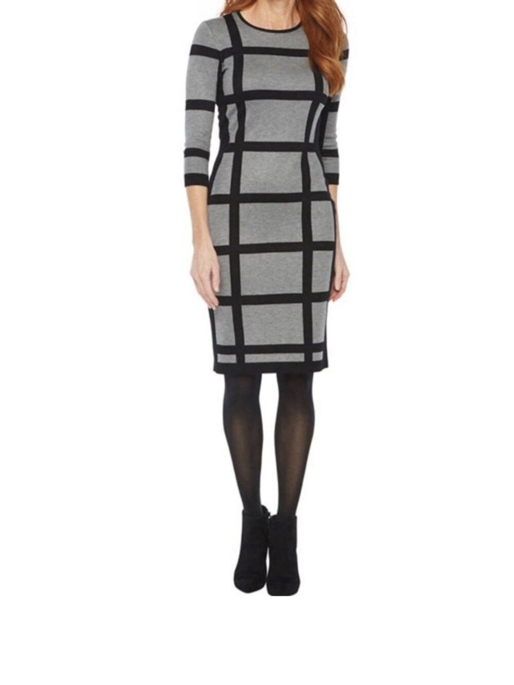 Liz Claiborne Black Gray Windowpane Plaid Knit Sheath Sweater Dress Medium